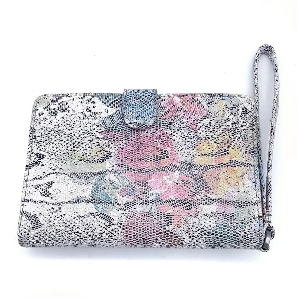 NWT Hobo Act Wristlet Wallet in Lizard Floral Leather White Pink Gray Blue NEW